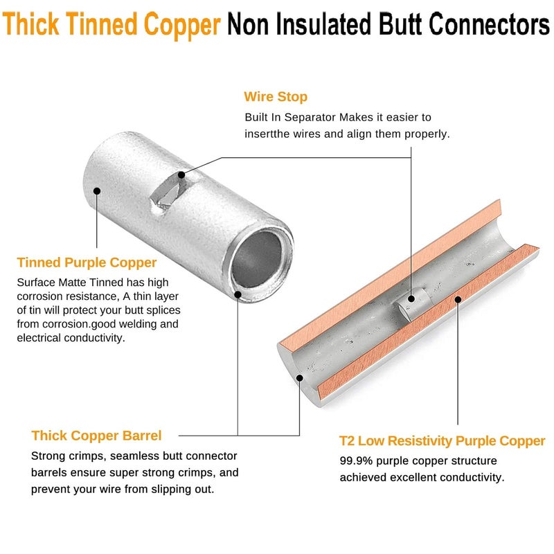 SVAAR 500PCS Non Insulated Butt Connectors 6-26 Gauge Butt Splice Kit 6-26 Gauge Wire Butt Splice, Marine Grade Tinned Copper Crimp Connectors for 26-6 AWG Wiring Uninsulated Butt Terminals - Image 4